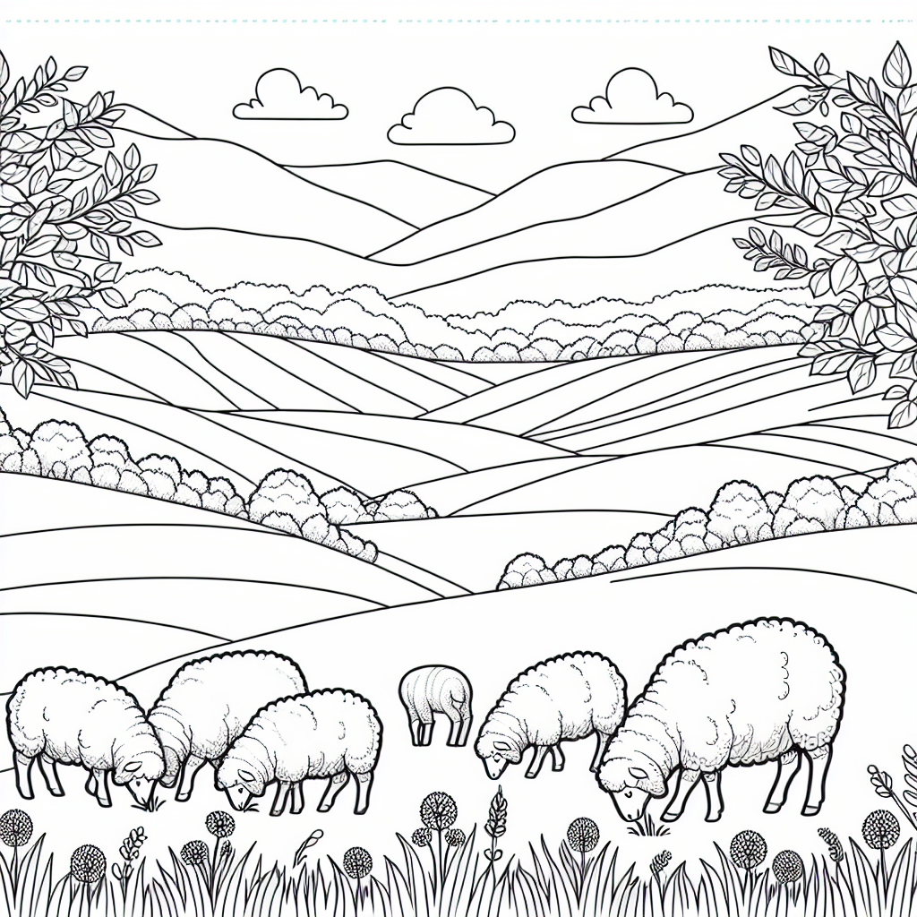 Black and white line art of a sheep on a meadow for coloring