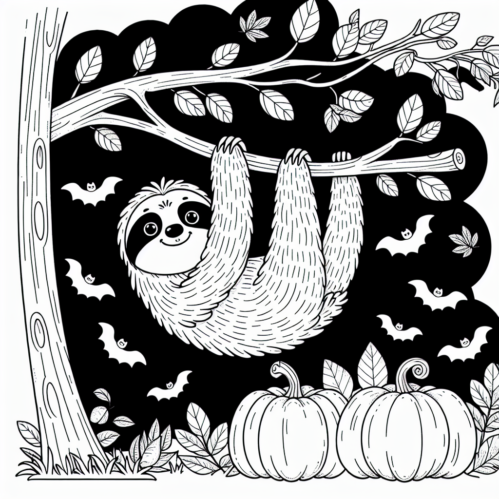 Snake 4 Black and white coloring page template of a sloth on a tree surrounded by Halloween elements like pumpkins and bats