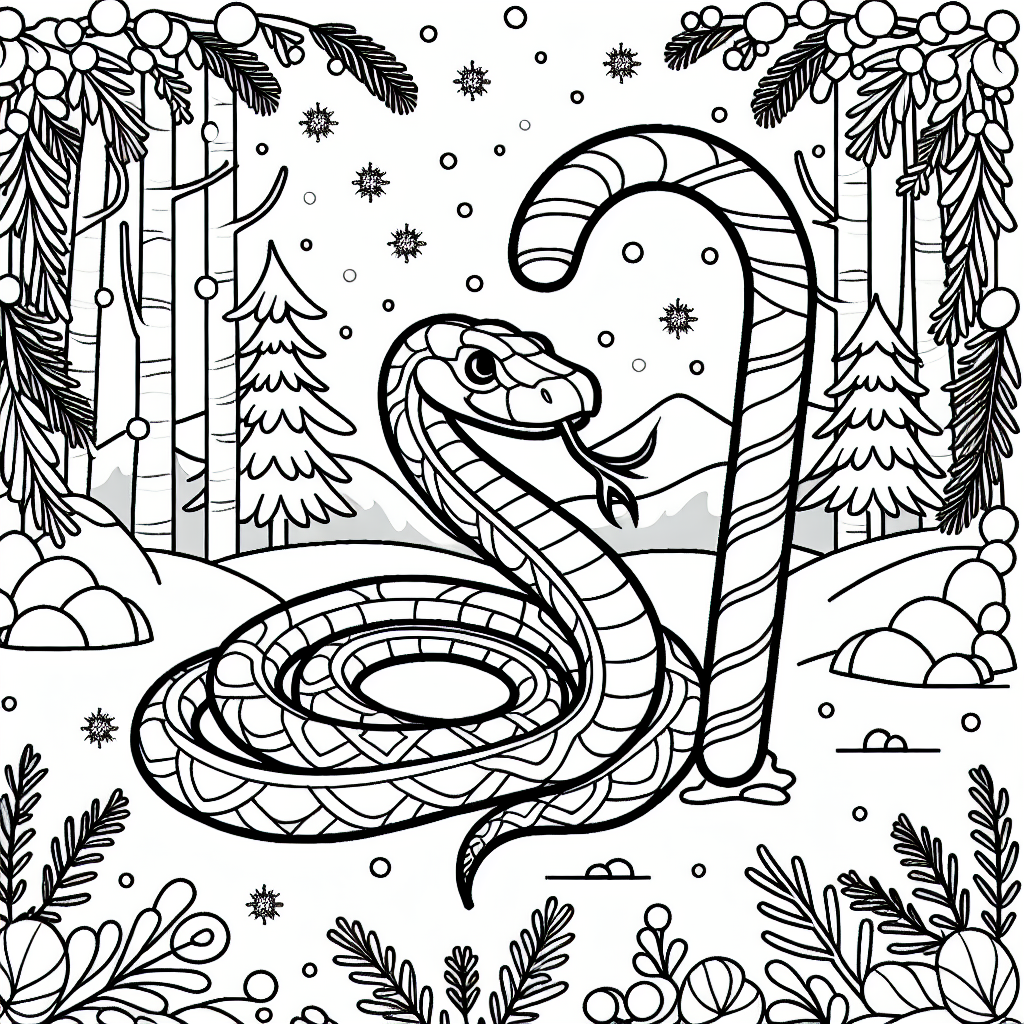 Black and white coloring page of a snake coiling around a candy cane in a snowy woodland