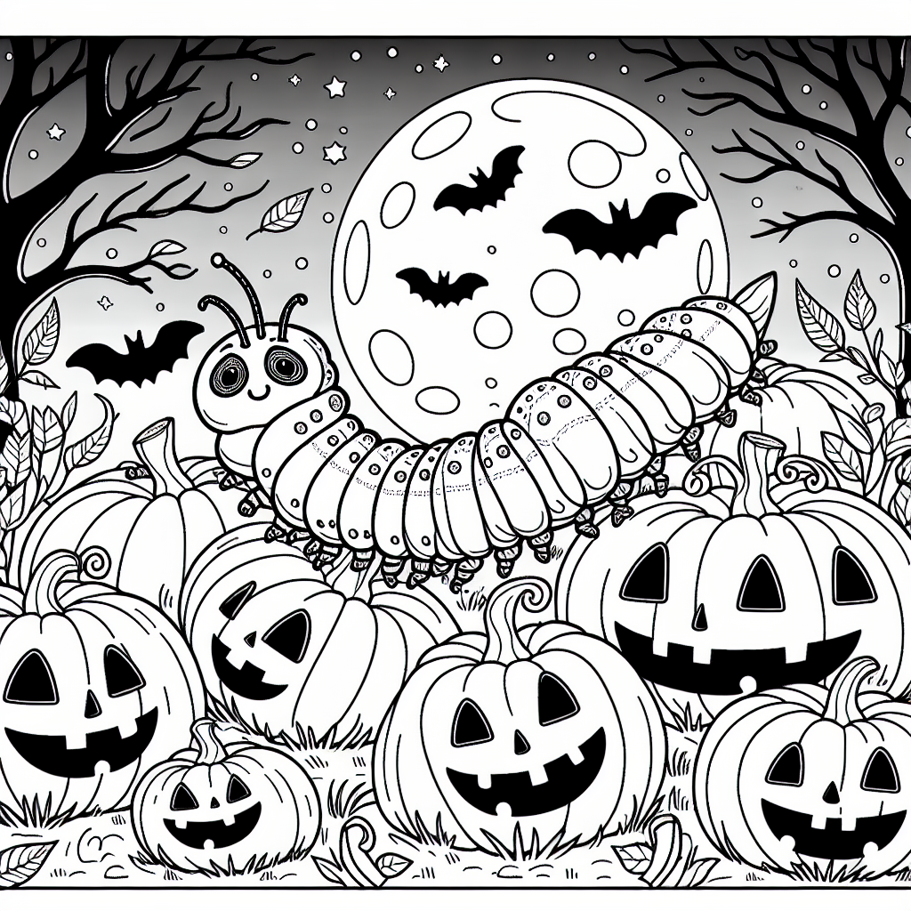 Caterpillar Halloween coloring page template featuring a pumpkin patch