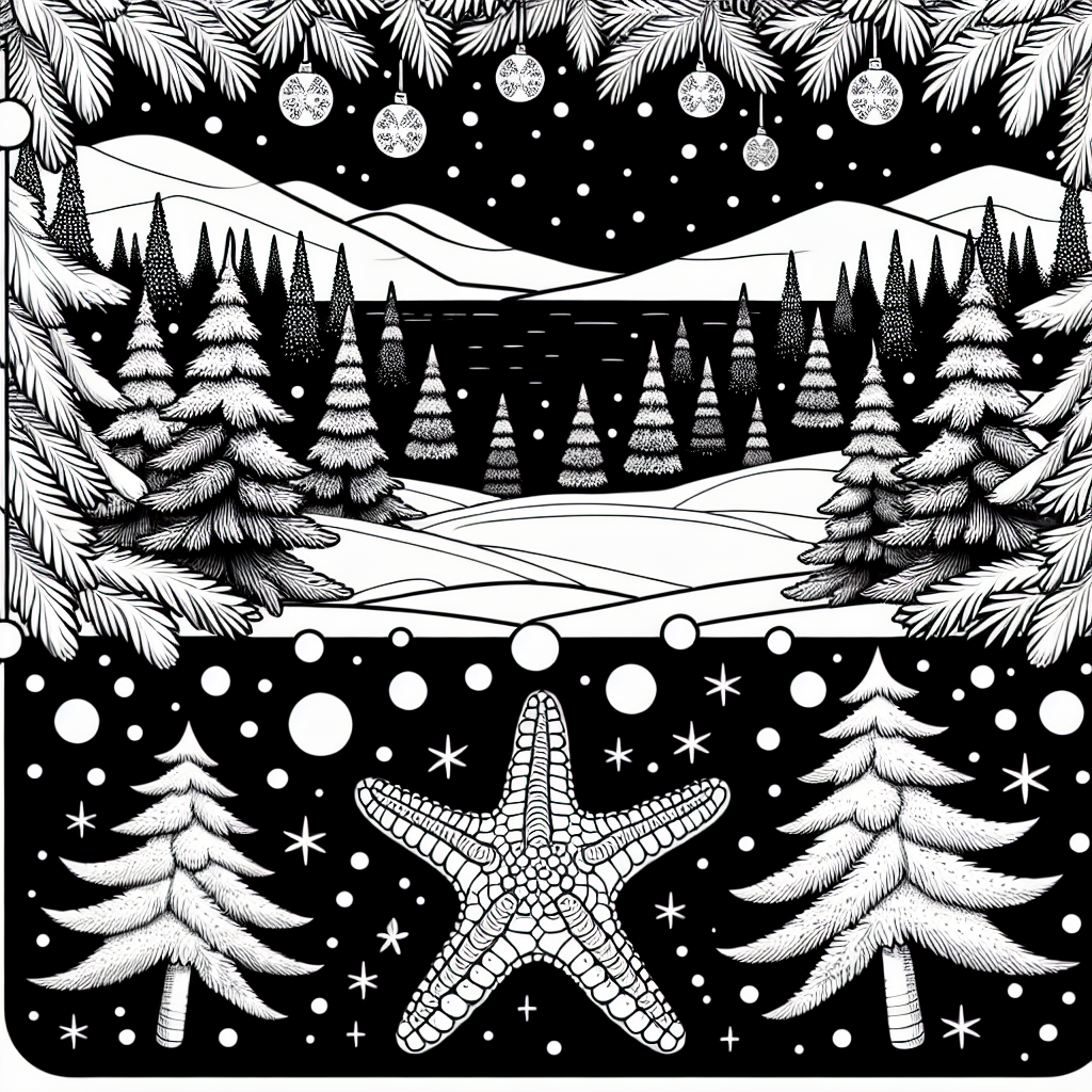 Starfish 2 Coloring template of a Starfish in a snowy winter landscape with Christmas trees