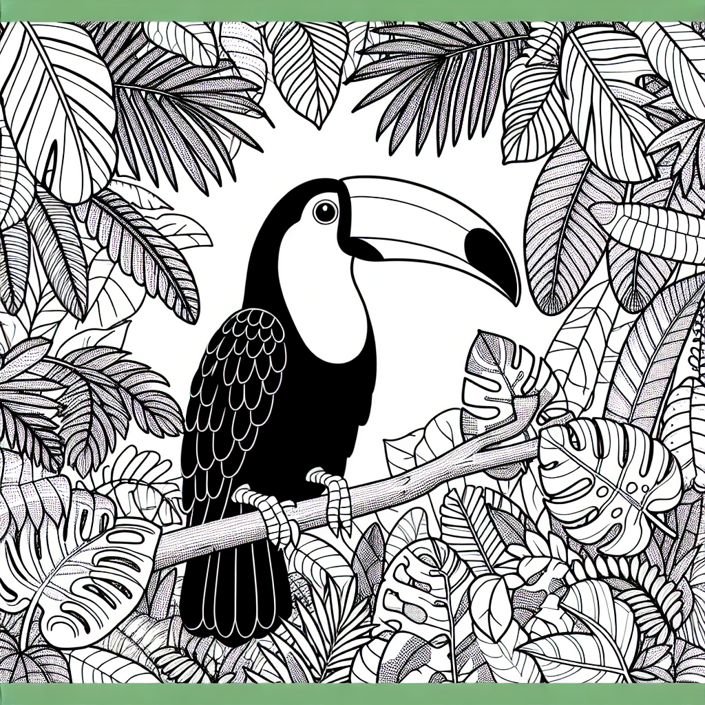 Black and white illustration of a toucan in the jungle canopy ready to be colored.