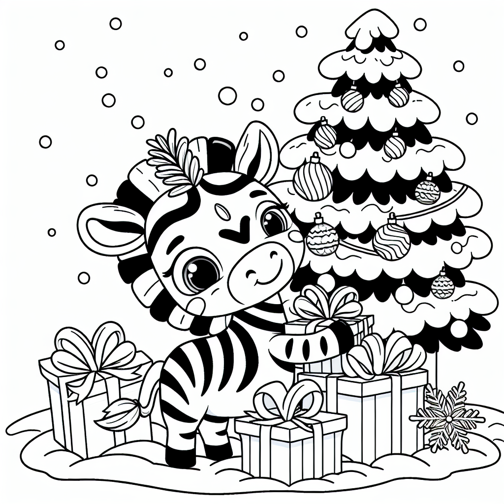 Zebra coloring page of zebra playing with Christmas presents under a snowy pine tree